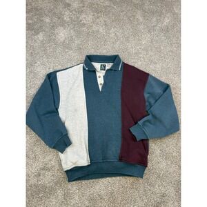 Vintage AZ Sport Colorblock Polo Sweatshirt Mens Medium Teal Grey Burgundy Retro